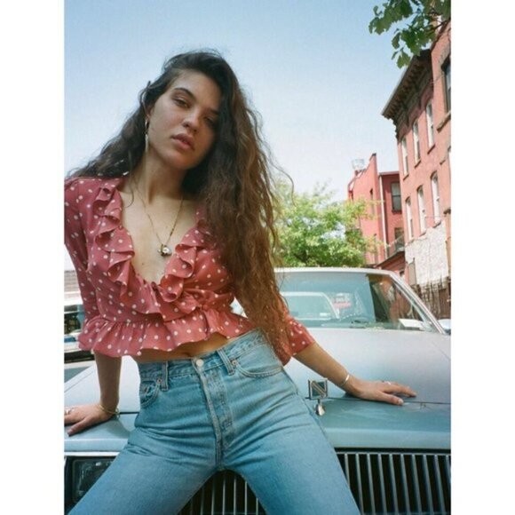 💕REALISATION PAR💕 Cher Top ~ 100% Silk Rust Spot Polka Dot Print Small - Picture 1 of 16